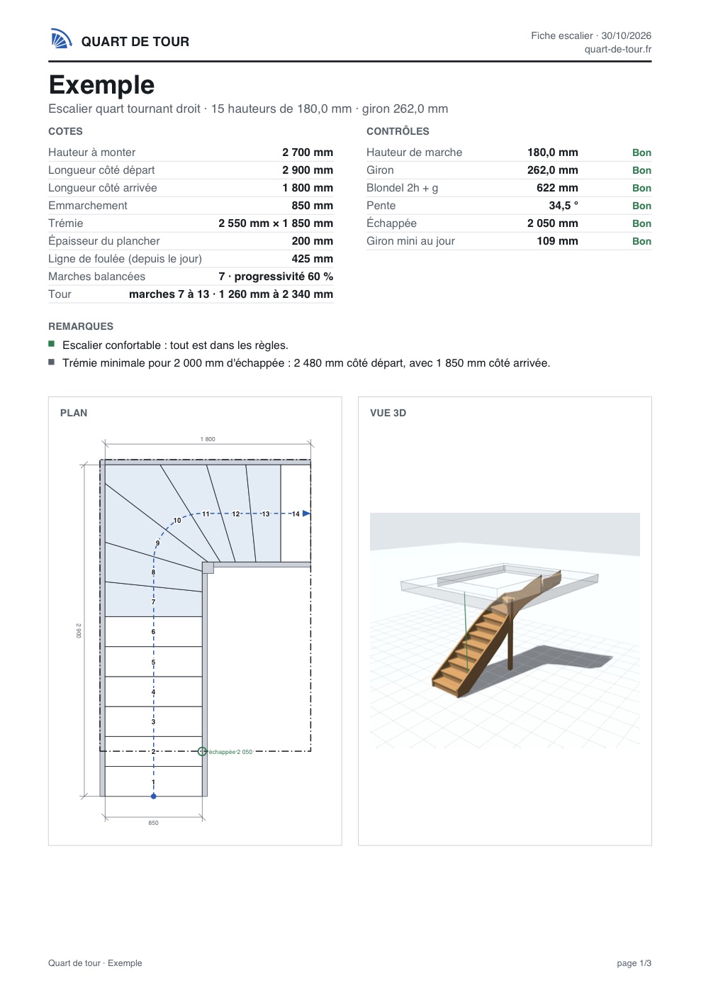 Première page de la fiche : cotes, contrôles tous bons, remarques, plan et vue 3D de l'escalier.