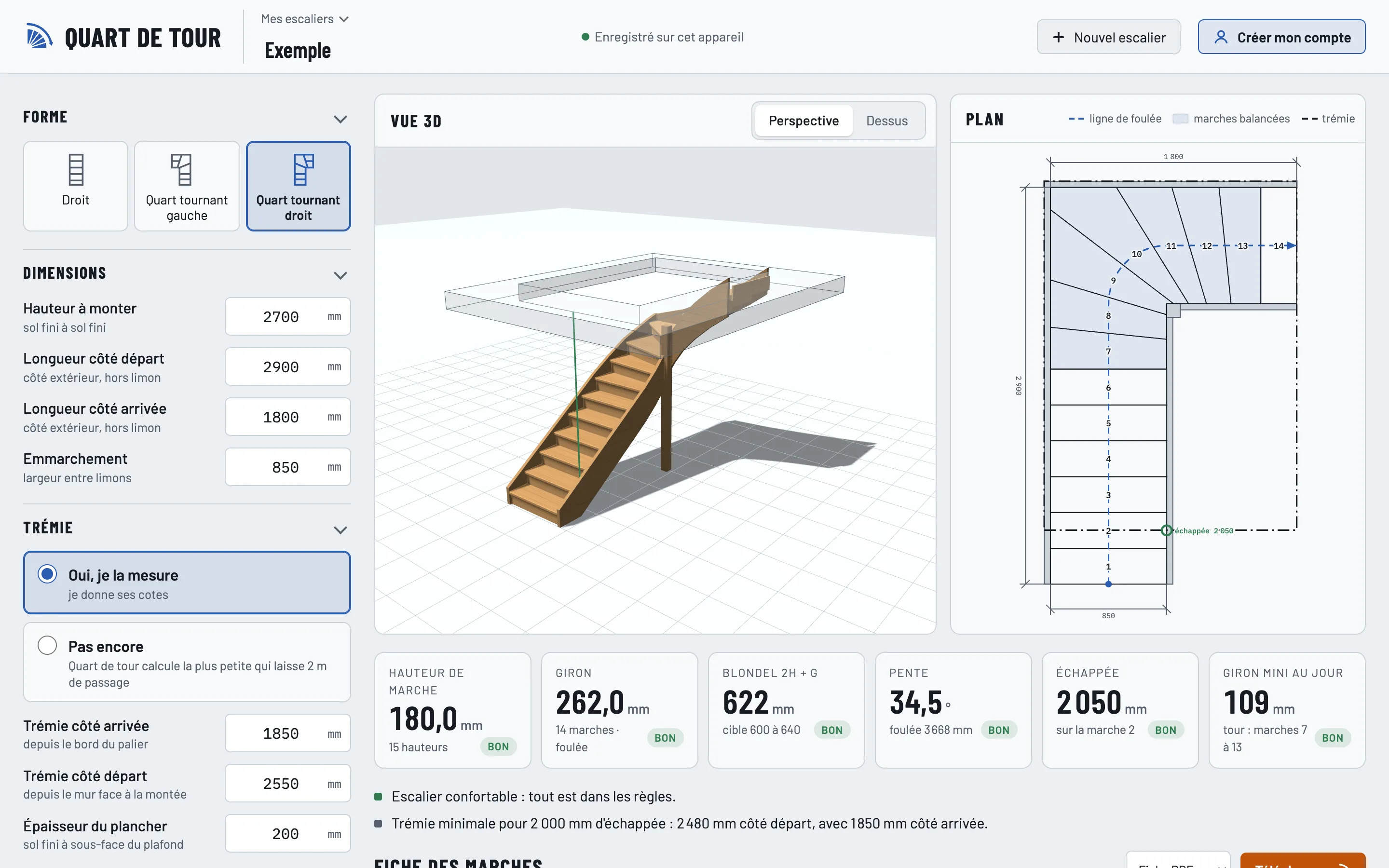 L'outil sur un ordinateur : réglages d'un quart tournant droit, vue 3D et plan au milieu, contrôles en dessous, tous bons.