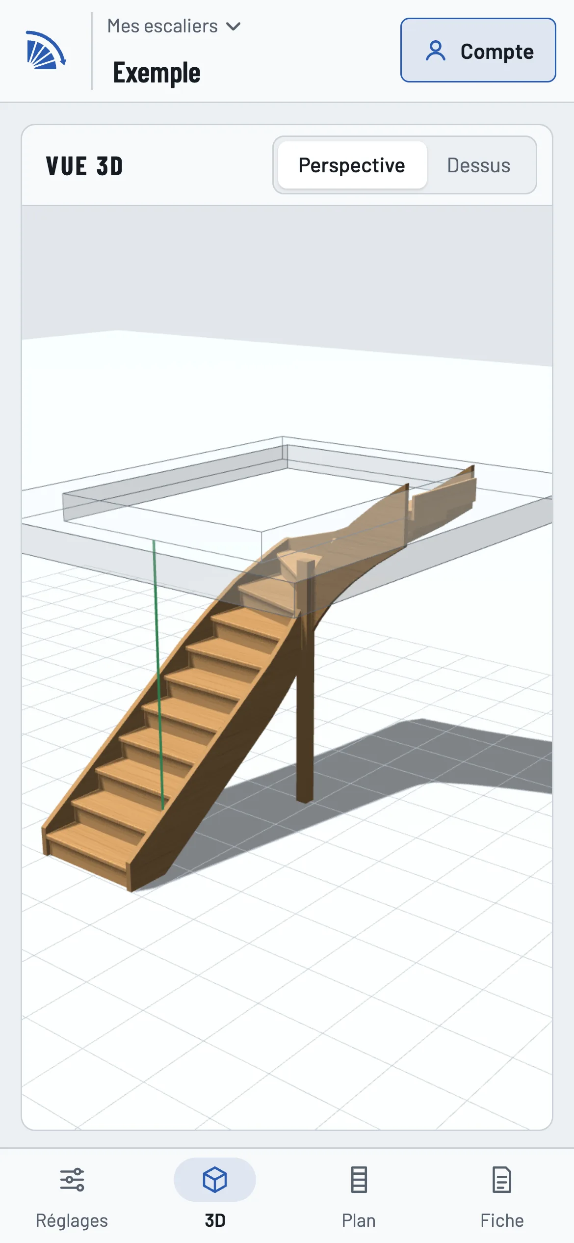 Sur un téléphone, la vue 3D de l'escalier d'exemple.