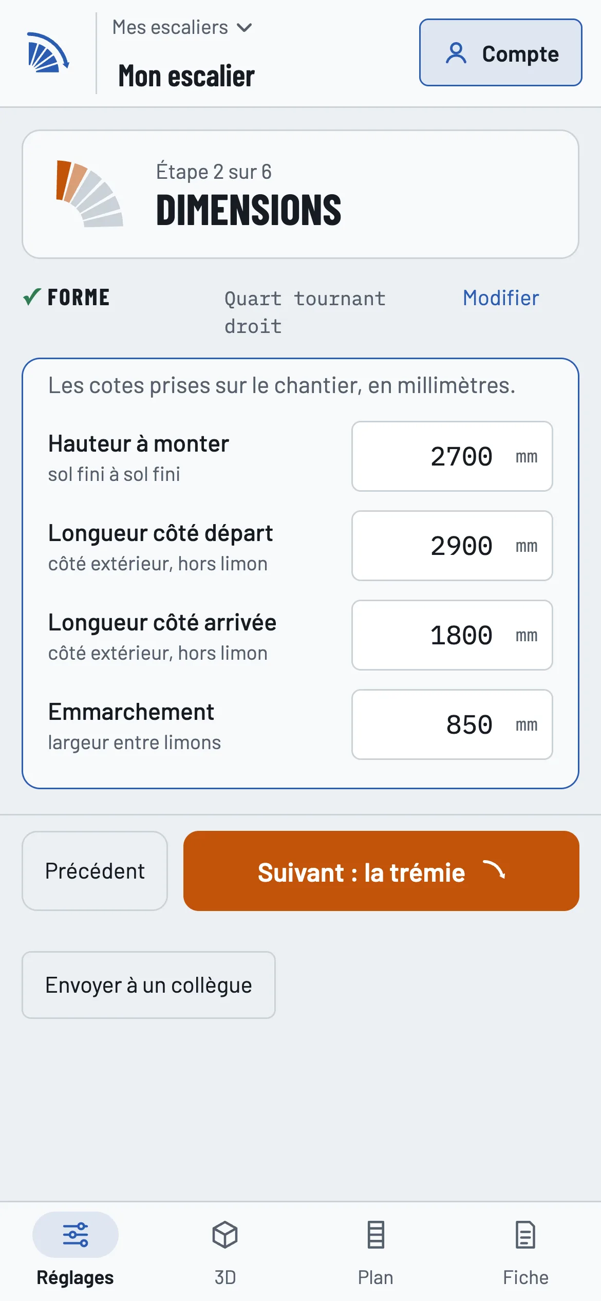 Sur un téléphone, l'étape 2 sur 6 : les dimensions du chantier, en millimètres.